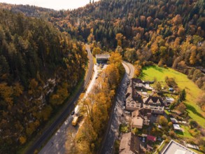 View of a road leading through a wooded landscape with buildings and green fields, Calw, Black