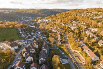 Long-range aerial view of an urban landscape in autumn light, Calw, Black Forest, Germany