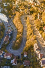 Aerial view of a winding road with autumn trees and buildings, Calw, Black Forest, Germany