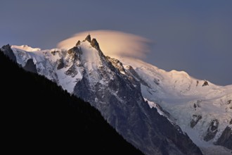 Aiguille du Midi with cloud above the summit, Mont-Blanc, Chamonix-Mont-Blanc, Haute-Savoie, France