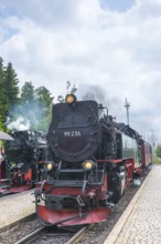 Steaming railway locomotives, two steam locomotives, steam locomotive, front, rails, platform,