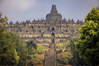 The impressive Borobudur Temple nestled in green surroundings in Indonesia