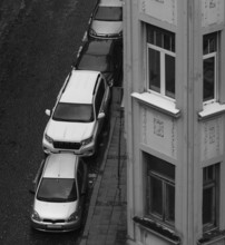 Street with parked cars from above, monochrome, Belgrade, Serbia
