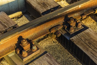 Railway track attached to oak sleepers, Augsburg railway park, administrative district of Swabia,