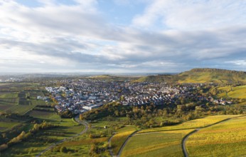 Panoramic view of a village with surrounding vineyards and hills under cloudy sky, autumn,