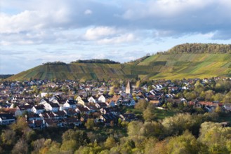 Village view with a church surrounded by vineyards and forests under a cloudy sky, autumn,