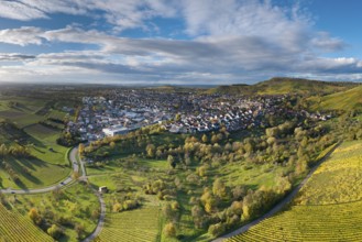 City panorama with green landscape and cloudy sky surrounded by hills, autumn, Korb-Steinreinach im