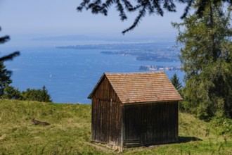 Individual alpine hut with picturesque views over Lake Constance towards Lindau from Pfänder near