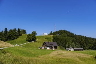 Picturesque alpine meadow landscape on the Pfänder with a view of the Pfänderbahn mountain station