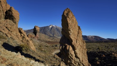 Volcanic rock formations in dry landscape with blue sky, UNESCO World Heritage Site, Teide National