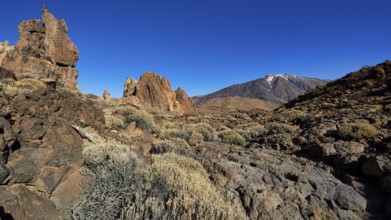 Barren landscape with rocks and volcano under bright sky, UNESCO World Heritage Site, Teide
