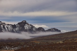 Rocks and mountain landscape with low-hanging clouds, UNESCO World Heritage Site, Teide National