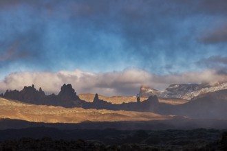Landscape with mountains in the background and foggy clouds, UNESCO World Heritage Site, Teide