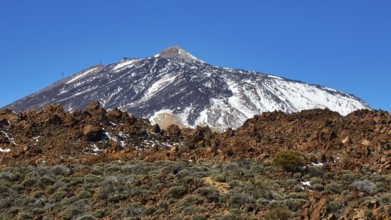 Snow-capped Teide volcano against barren rocky landscape under clear sky, UNESCO World Heritage