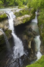 Narrow waterfall through deep gorge surrounded by thick greenery, Martvili Gorge, Martvili Canyon,