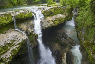 Cascading water through green, rocky gorge in lush nature, Martvili Gorge, Martvili Canyon,