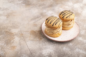 Caramel Cream Cakes on brown concrete background, side view, copy space