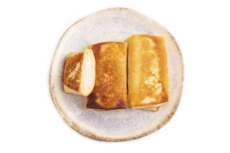 Fried crispy pancakes with meat and cheese isolated on white background. side view, copy space