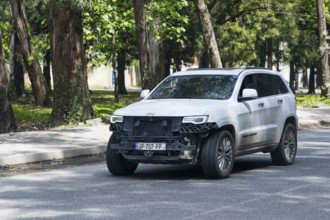 White SUV with damaged front on a tree-lined road, Georgia