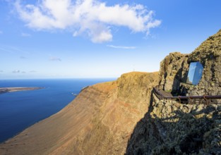 Panoramic window at the Mirador del Río viewpoint, designed by artist César Manrique, view of steep