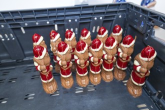 Several red and white chocolate Santa Claus figures on a plastic pallet, Christmas baking,