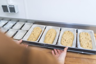 Baker prepares dough in metal box molds on a wooden board in a kitchen, Christmas baking,