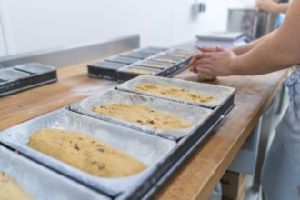 Baker forms dough into loaf pans on a kitchen work surface, Christmas baking, Haselstaller Hof,