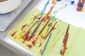 Colourful brushes and toothbrushes on a creatively designed table, Christmas baking, Haselstaller