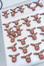 Lots of cute reindeer chocolate chip cookies with red noses arranged on a tray, Christmas baking,