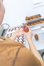 Craftsman sculpting reindeer chocolates with red details in a processing kitchen, Christmas baking,