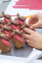 Handmade and decorated chocolate reindeer with red scarf, Christmas baking, Haselstaller Hof,