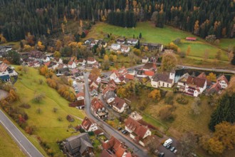A small village with a church, surrounded by autumnal meadows and forests, Berneck Castle,
