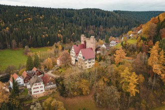A castle and a small village nestled in an autumn forest landscape, Berneck Castle, Altentsteig,