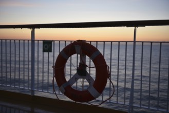 Lifebuoy on the Color Line ferry, Baltic Sea, Schleswig-Holstein, Germany