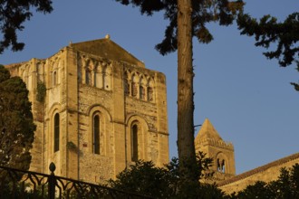 Detail of the steeple of a Romanesque church in warm sunlight, surrounded by trees, Cefalu,