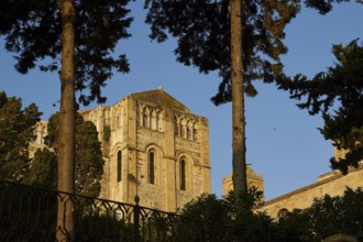 Historic Romanesque church surrounded by trees under clear blue sky at sunset, Cefalu, cathedral,