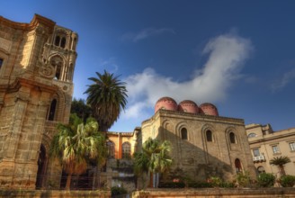 Arab-Norman historic building with red domes surrounded by palm trees under clear blue sky,