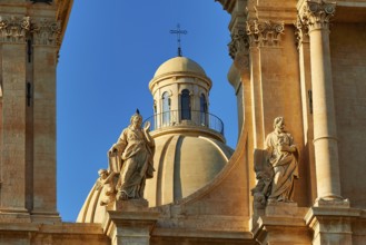 Noto, detailed view of a cathedral with elaborate statues and architecture, Baroque towns of