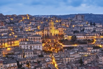 Duomo di San Giorgio, St. George's Cathedral, Modica, night scene of an illuminated city with