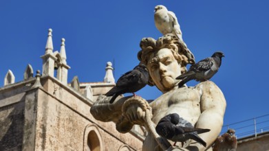Marble sculpture with doves under a blue sky, in the background historic baroque style building,