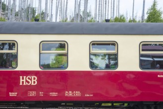 Detail, close-up of the Harz narrow-gauge railways, red and white railway car, passenger train with