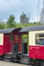 Detail, close-up of the Harz narrow-gauge railways, outdoor area, platform of red and white railway