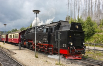 Close-up of a steam locomotive, rails, front of a steaming railway locomotive with wagons, steam