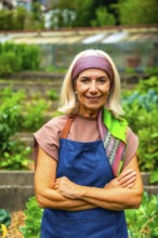 Senior woman wearing an apron and headscarf, standing with arms crossed in a lush community