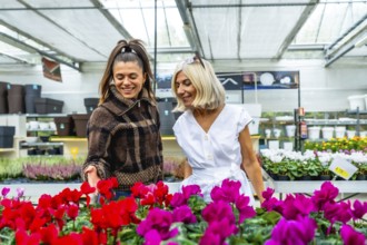 Two smiling women, a mother and her adult daughter, enjoying quality time together while selecting