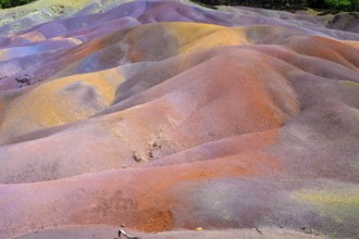 Colourful sand hills in bright orange and purple in a wavy pattern. Africa, East Africa, Mauritius,
