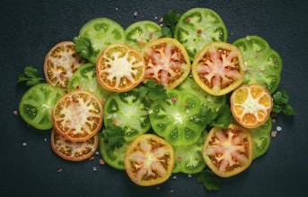 Sliced green tomatoes, on a dark surface, garnished with herbs and salt, top view