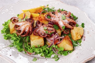 Grilled octopus with baked potatoes and fresh herbs, on a decorative light plate, homemade, no