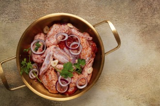 Chicken wings, in a brass saucepan, ready for cooking, grilling or baking, in a home kitchen, no