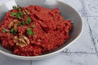 Mahammara red pepper sauce, with walnuts, and sprigs of fresh microgreens, homemade, no people